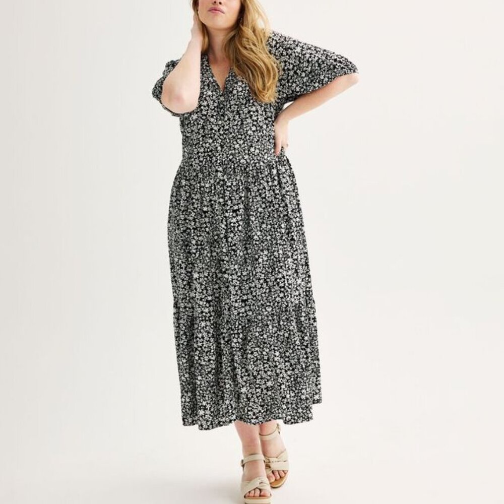 Sonoma Black and White Floral Midi Dress